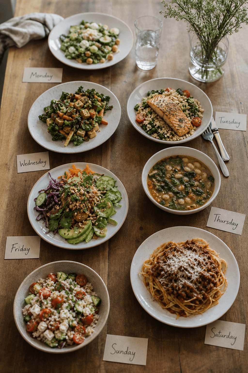 A week of meals showing balance over time, not perfection on every plate